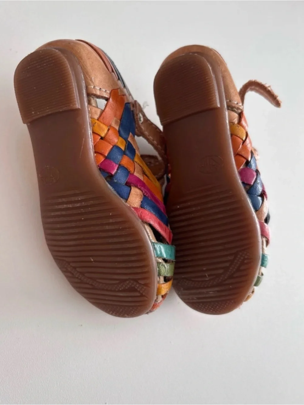 Kids Tan Leather Woven Sandals with Colorful Accents 2